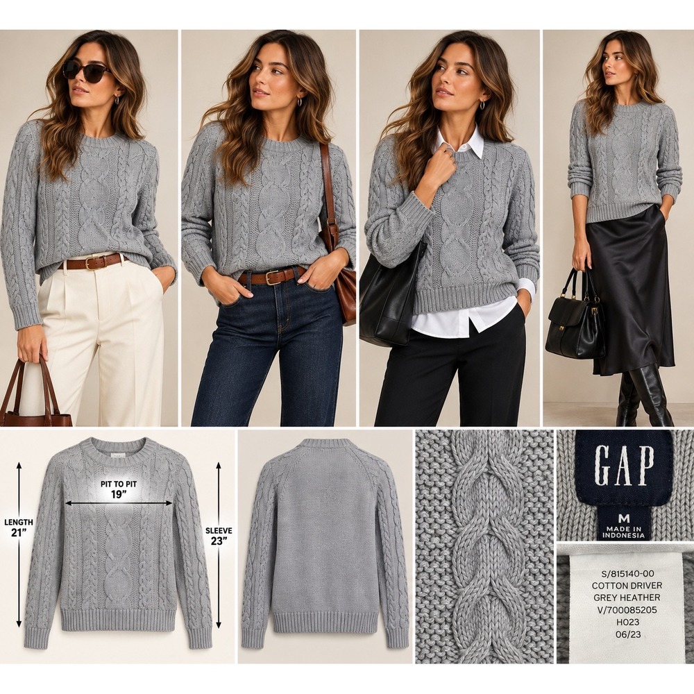 Gap Cable Knit Sweater Women M Gray 100% Cotton Driver Coastal Preppy Heritage